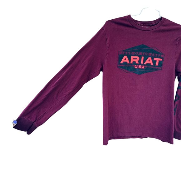 Ariat Mens Burgundy Long Sleeve  T-Shirt - Medium USA Logo Cotton - Picture 2 of 7